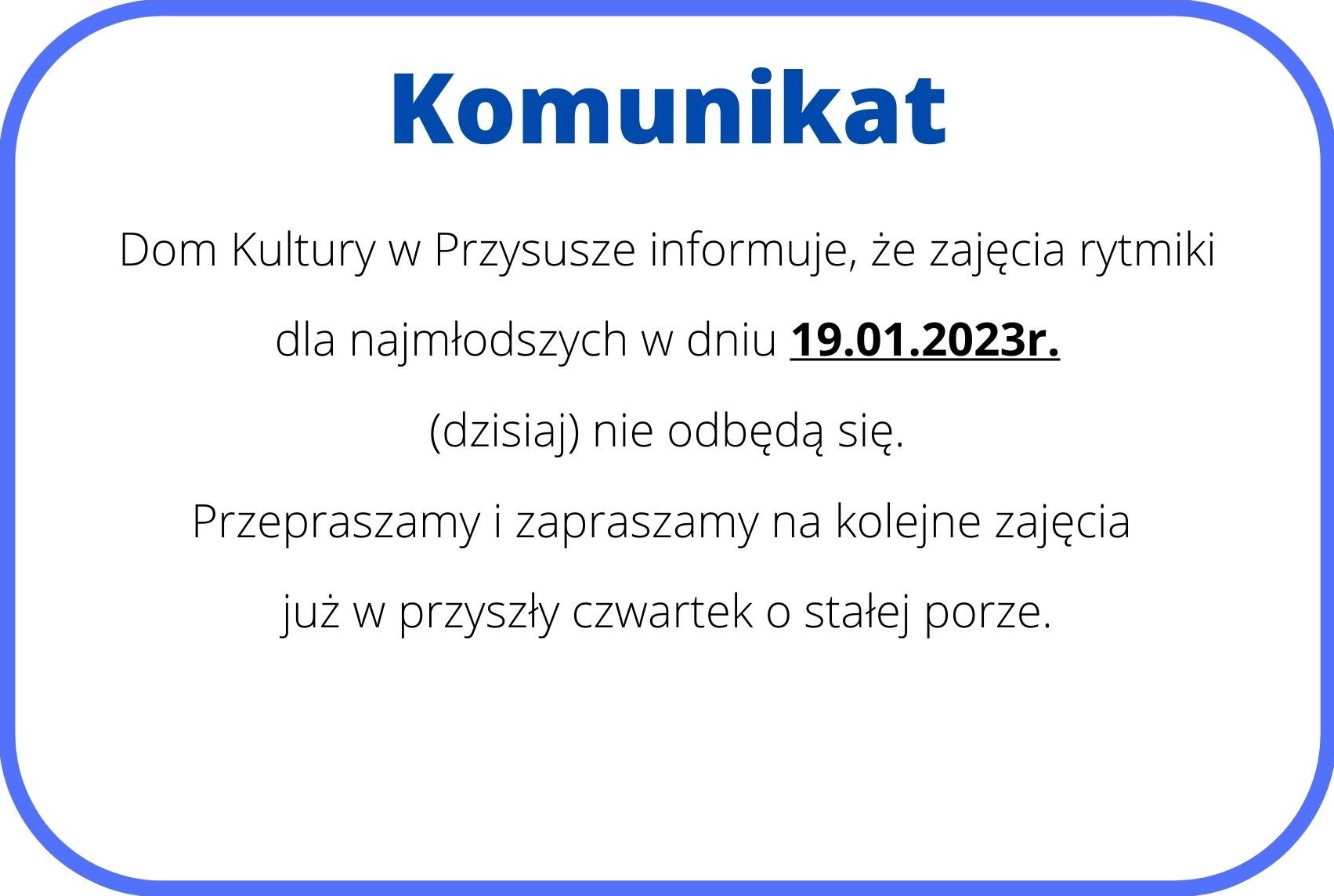 Komunikat dot. zajęć rytmiki dla najmłodszych w dniu 19.01.2023r.